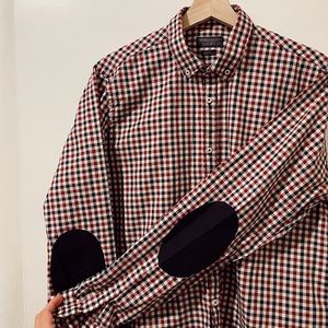 ZARA MEN Button Down Shirt Red/Blue/White Plaid Black Elbow Patch- L